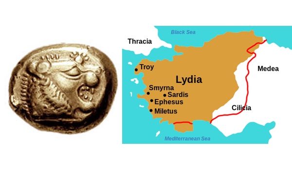 Ancient Lydia lion coin and map