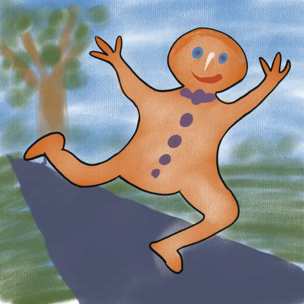 Gingerbread man runs down road 