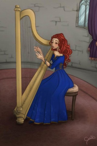 Princess Talia Plays her harp from Waking Beauty illustrated by Ciara Civati for Storynory