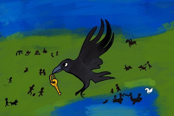 Crow flies over park