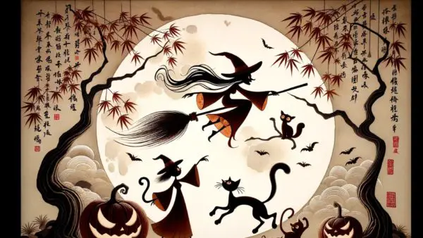 witches fly with cats and pumpkins