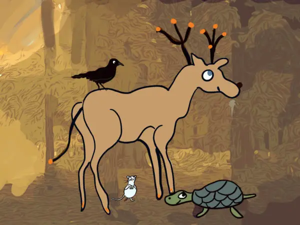 Crow, dear, mouse, and tortoise in Indian forest - four friends.