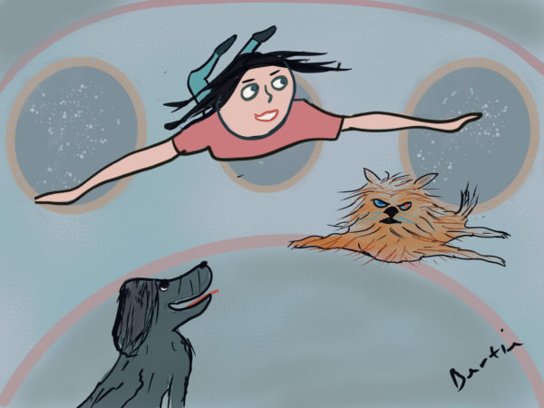 girl, dog, cat floating in gravity free space ship