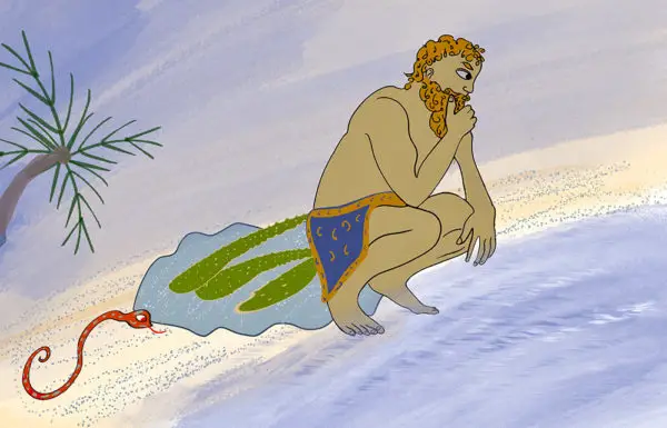 Gilgamesh sits by sea and contemplates while snake sneaks up to steal plant of everlasting youth. Illustration by Bertie