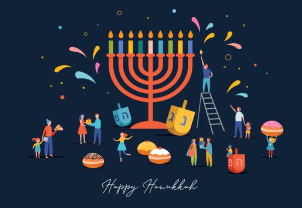 Happy Hanukkah, Jewish Festival of Lights scene with people, happy families with children