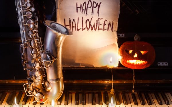 Halloween saxophone and pumpkin