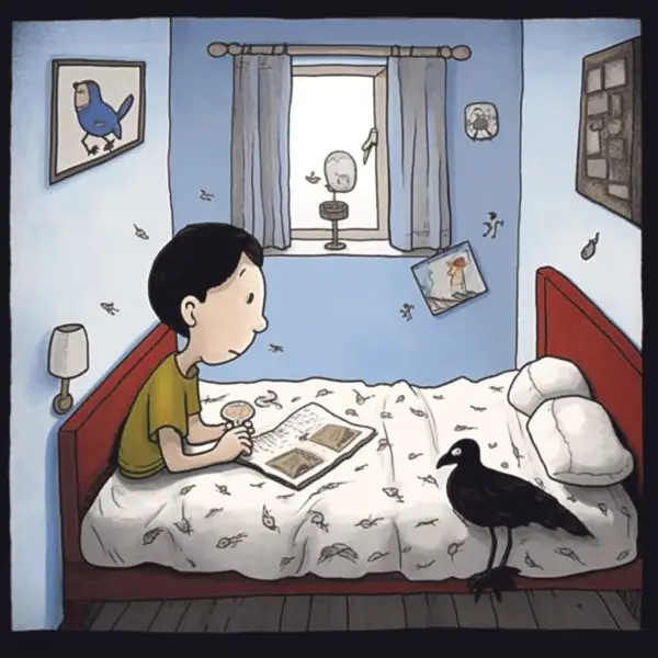 a black crow, Birdy talks to the a boy who is sick in bed.