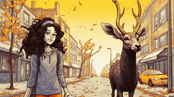 A girl who is a witch called Katie walking down a street with a magical deer with golden antlers