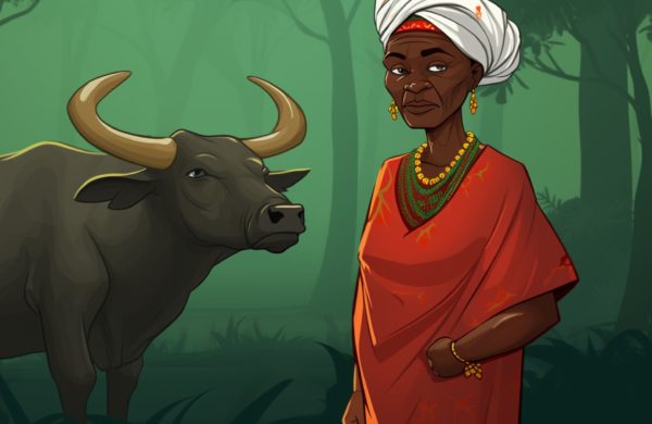Hausa woman and bull in forest