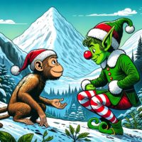 monkey and christmas elf on mountain